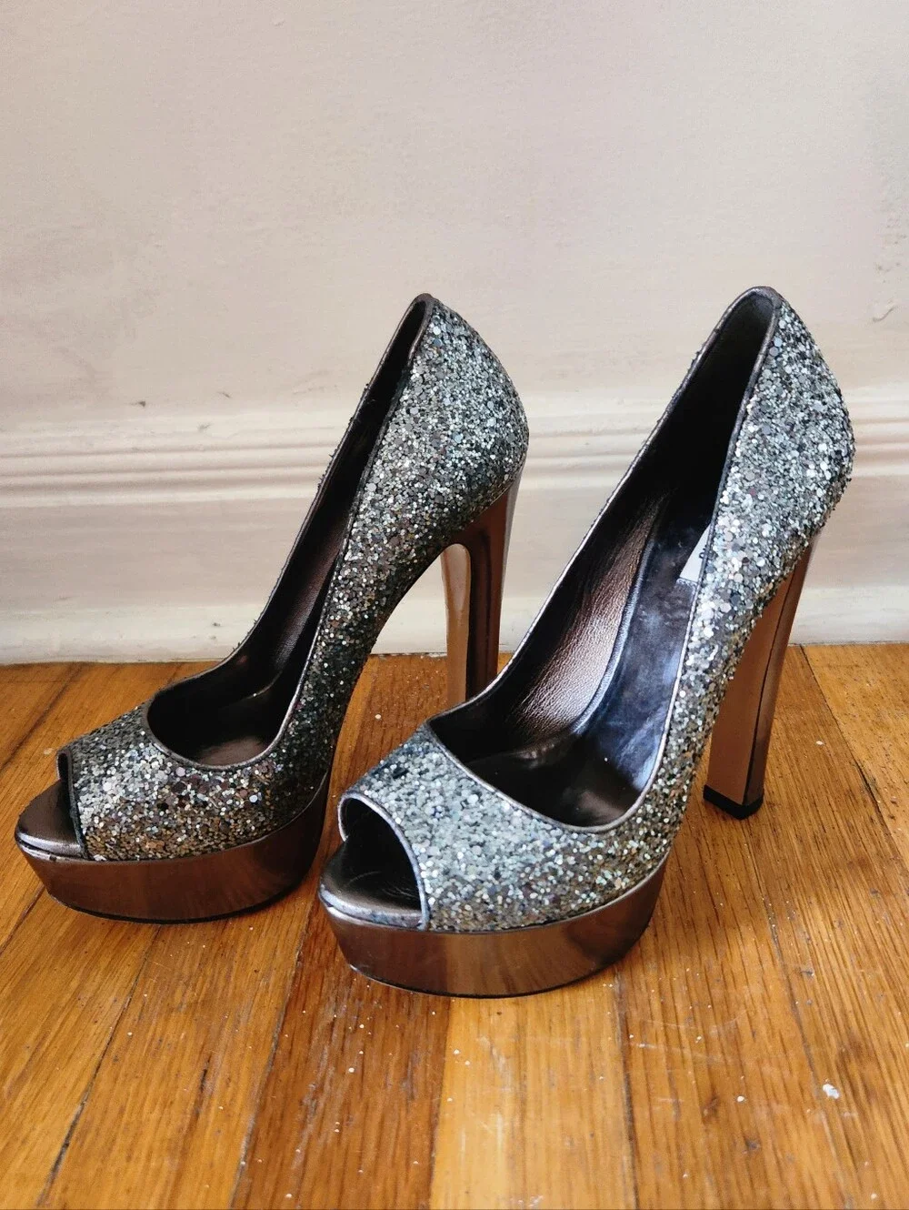 Vintage MIU MIU Platform Gunmetal Glitter Pumps Y2K